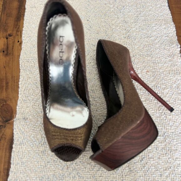 BEBE Brown Peep-Toe Platform Stiletto Heels Size 8 - Picture 5 of 10